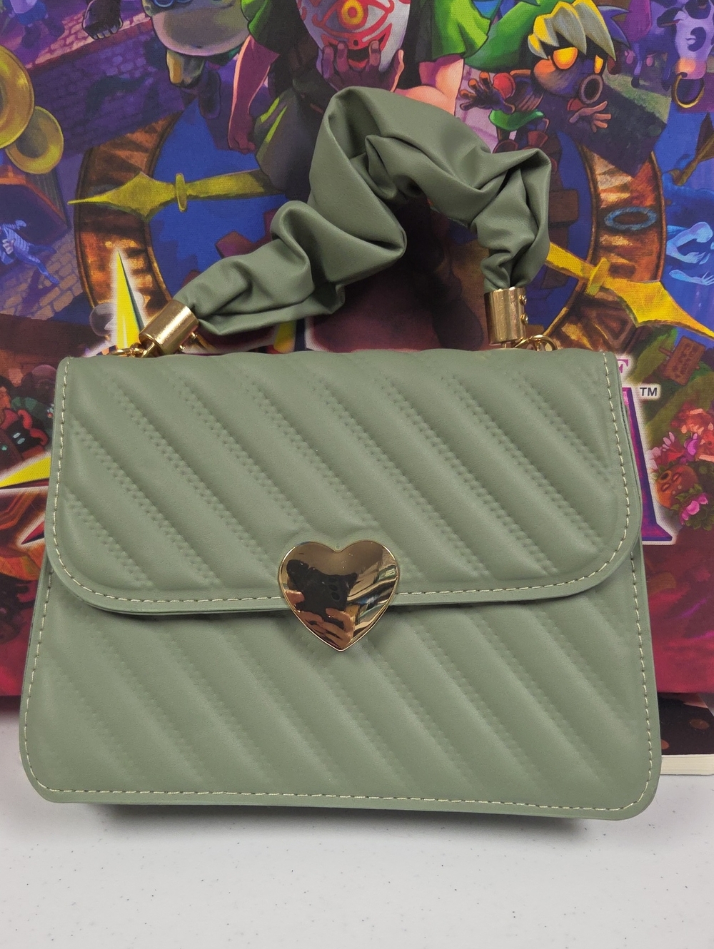 Heart-Clasp Quilted Top-Handle Bag — Sage Green